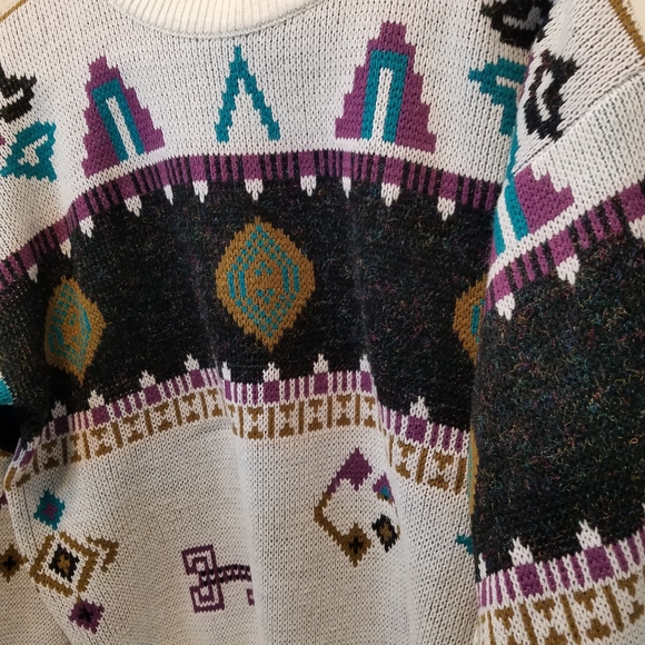 Vintage St. Johns Bay Sweater Mens Medium Knit Crewneck Aztec Tribal Hieroglyphs - Picture 2 of 8